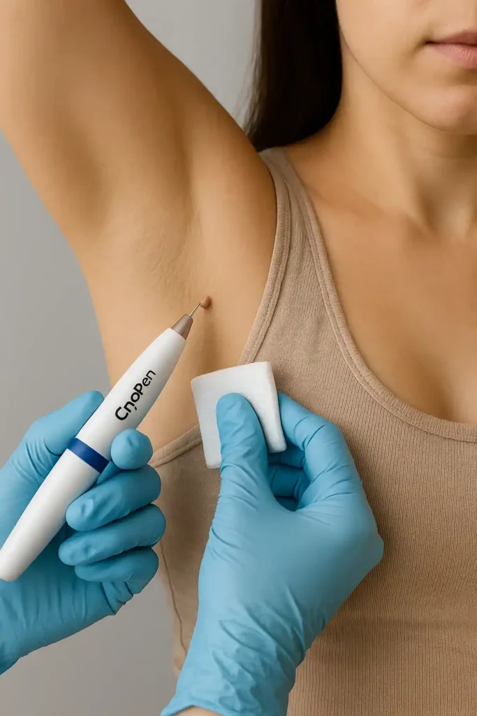 woman having cryopen to remove underarm skin tags Staffordshire