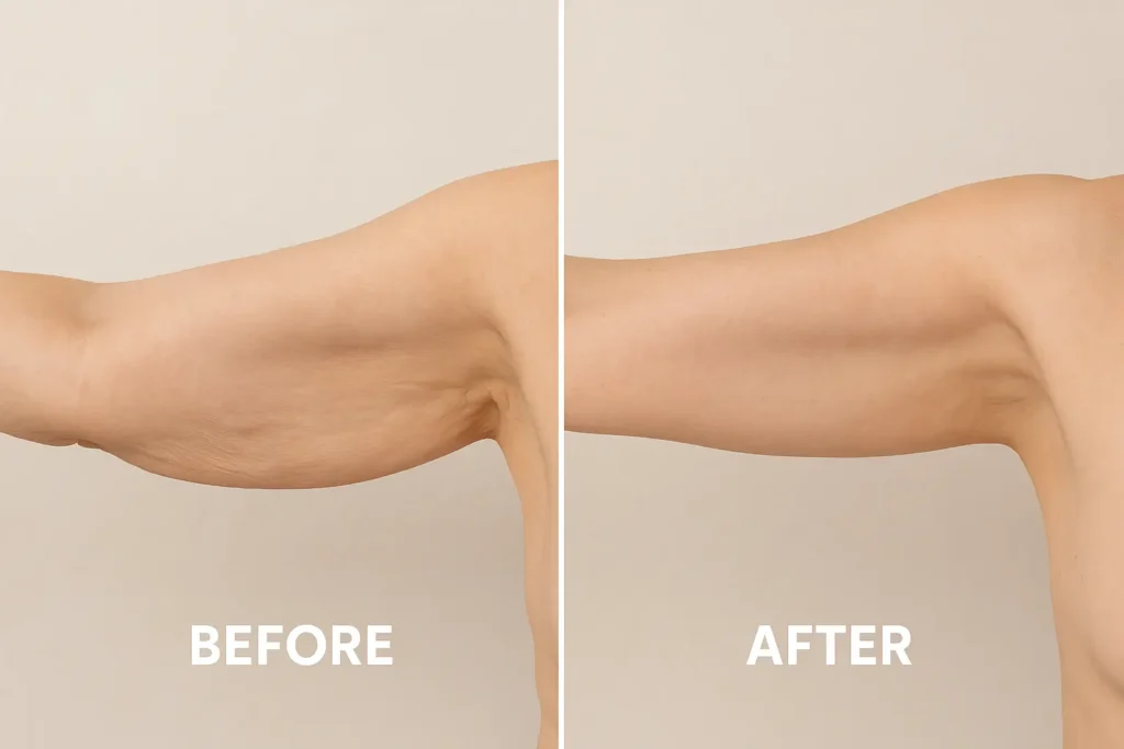 Picture of LA LIPO Staffordshire before and after results of skin tightening treatment on the upper arms.