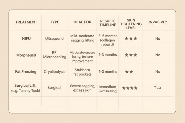 Table showing the comparisons of Skin tightening Staffordshire treatment options.